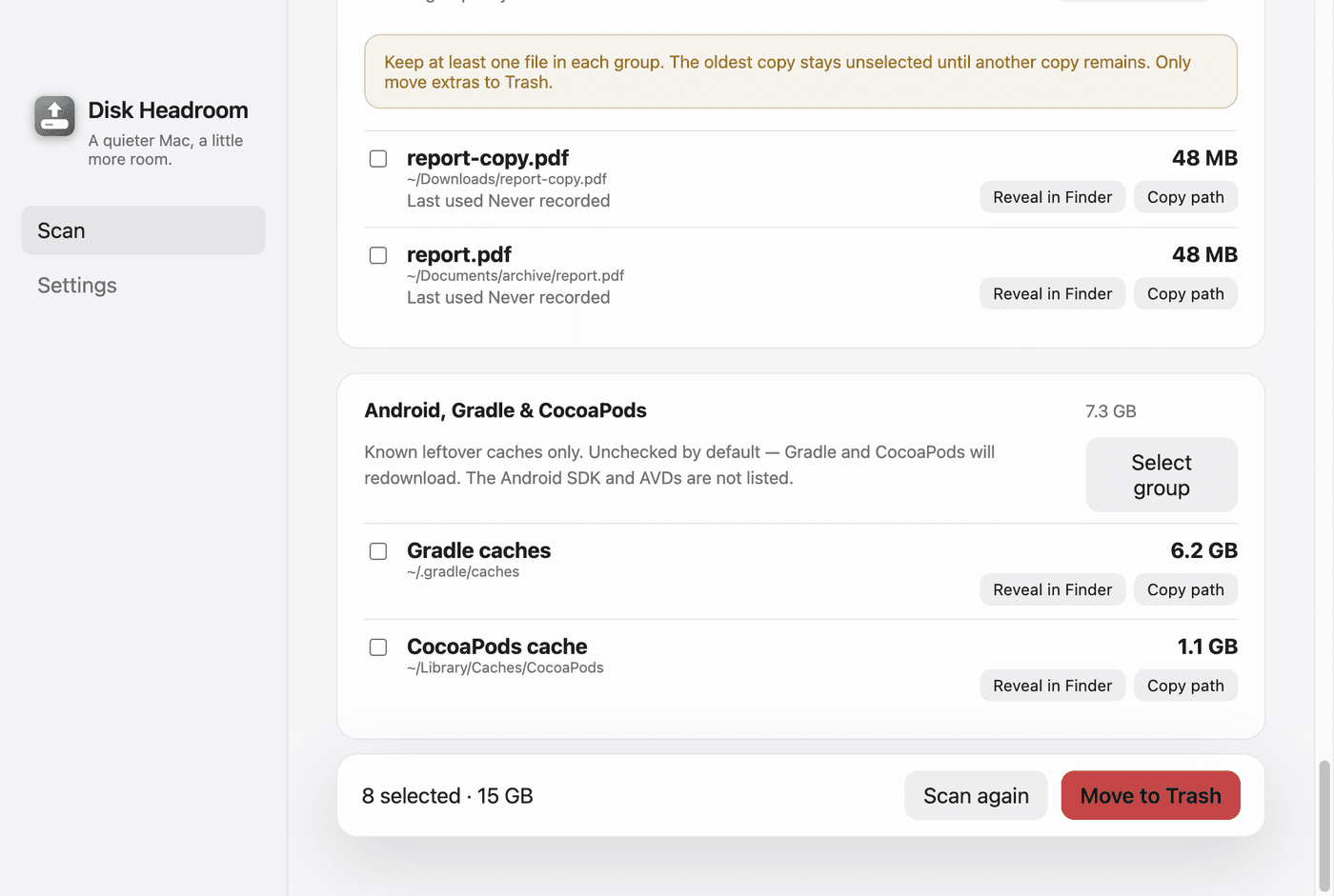 Disk Headroom results with Xcode, Android, and Docker leftovers left unchecked by default.