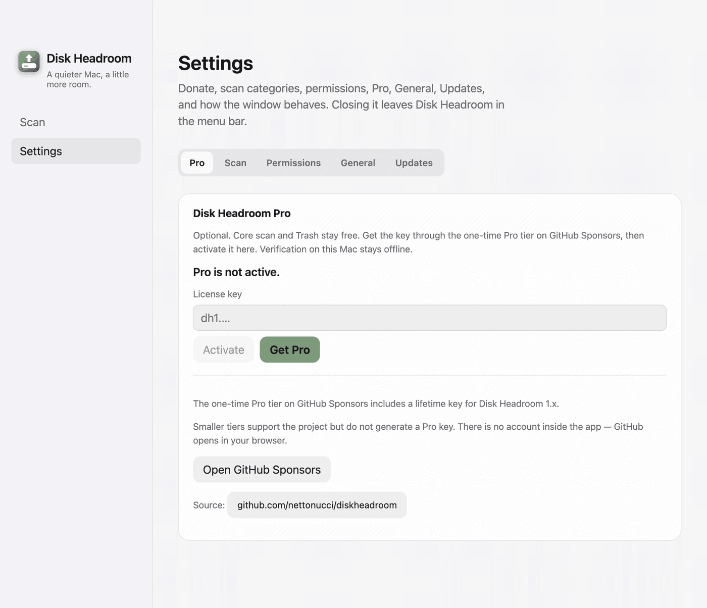 Disk Headroom Pro settings with offline activation, GitHub Sponsors, and source links.