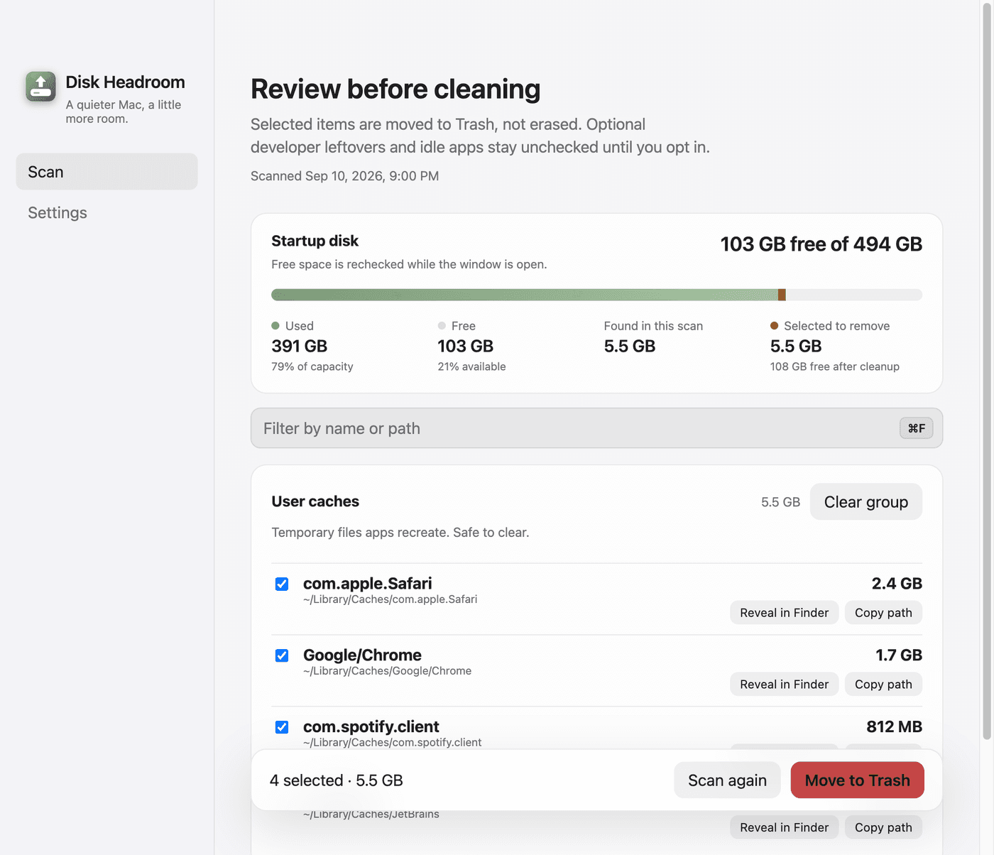 Disk Headroom results: review leftover caches, then move selected items to Trash.