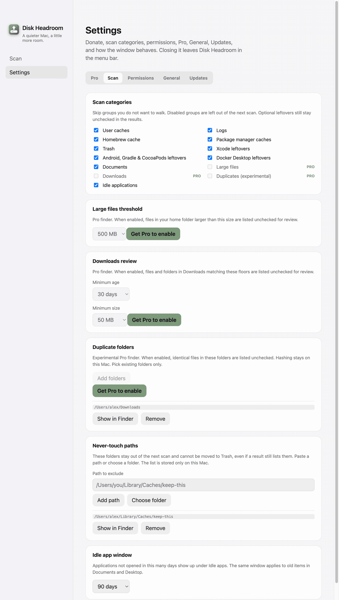 Disk Headroom settings: scan categories, a low-disk alert, and language.